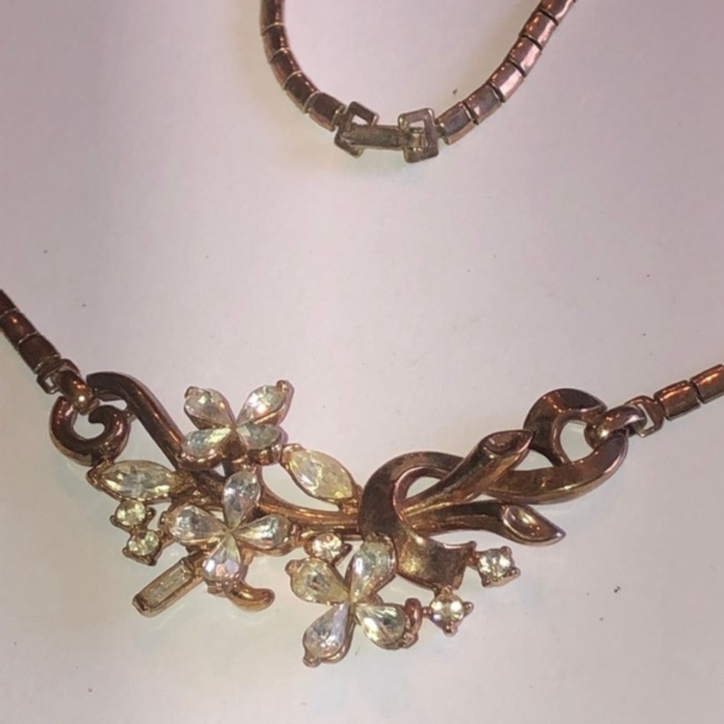 Alfred Philippe Trifari 1951 Gold Tone Vintage CZ Rhinestone Floral Necklace
