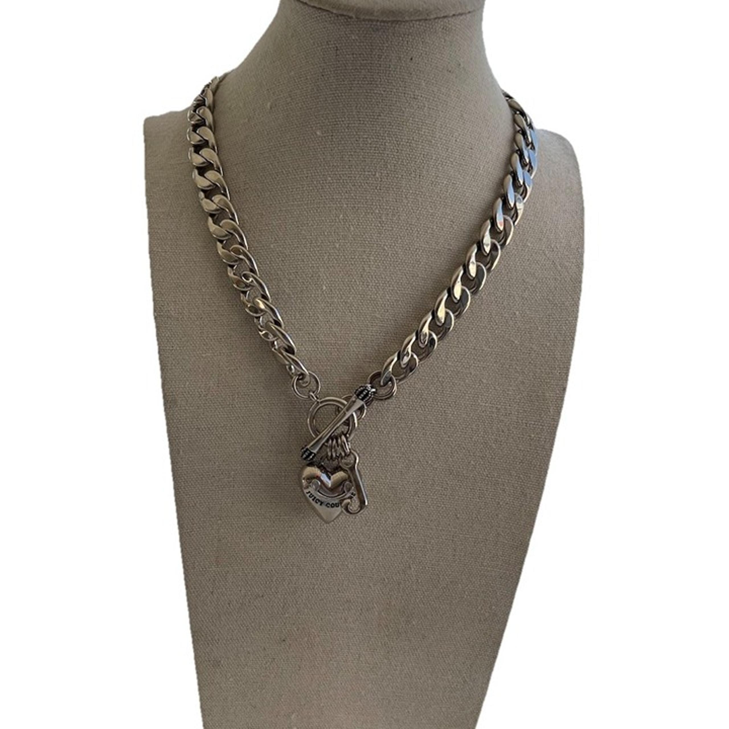 Juicy Couture Logo Heart J Charms Silver Tone Chain Link Toggle Necklace 17”