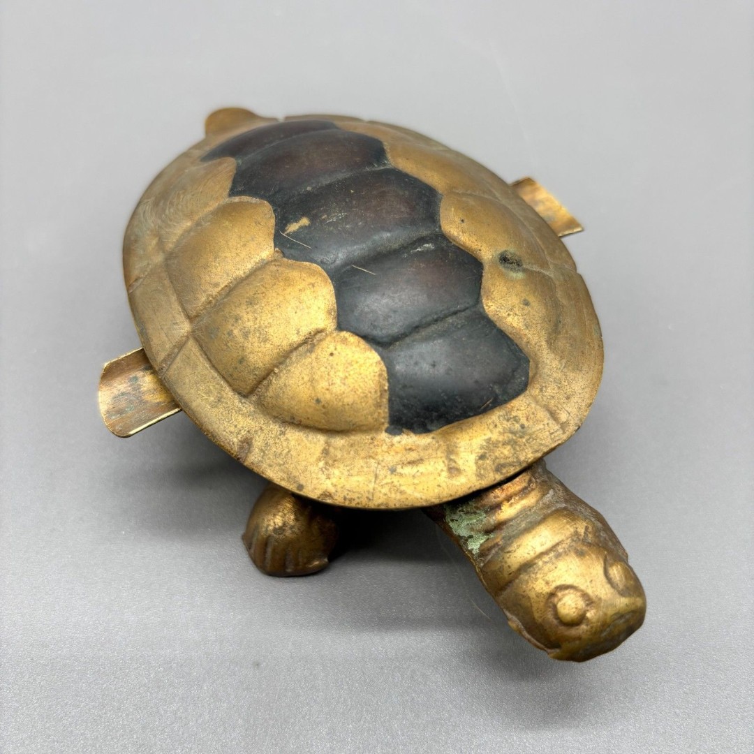 Vintage Brass Turtle Ashtray Hinged Trinket Box Patina Mid Century Boho Decor
