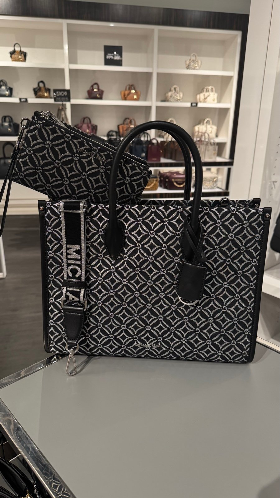 Michael Kors Mirella Medium Metallic Logo Jacquard EW Tote Bag (Black +Wallet