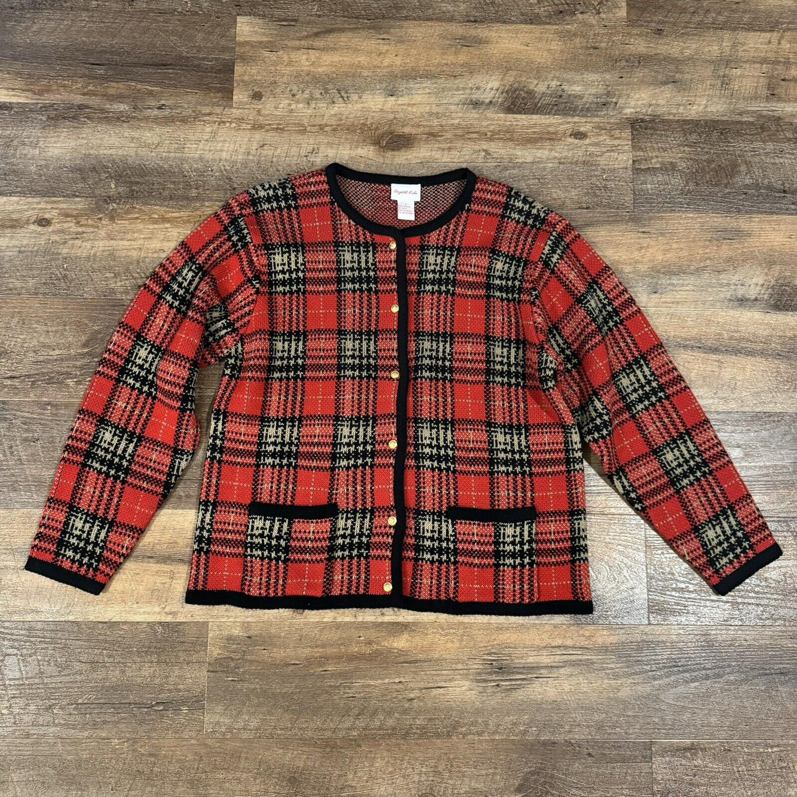 FREE SHIP Crystal Kobe Knit Red Plaid Cardigan Womens Large Christmas Grandma