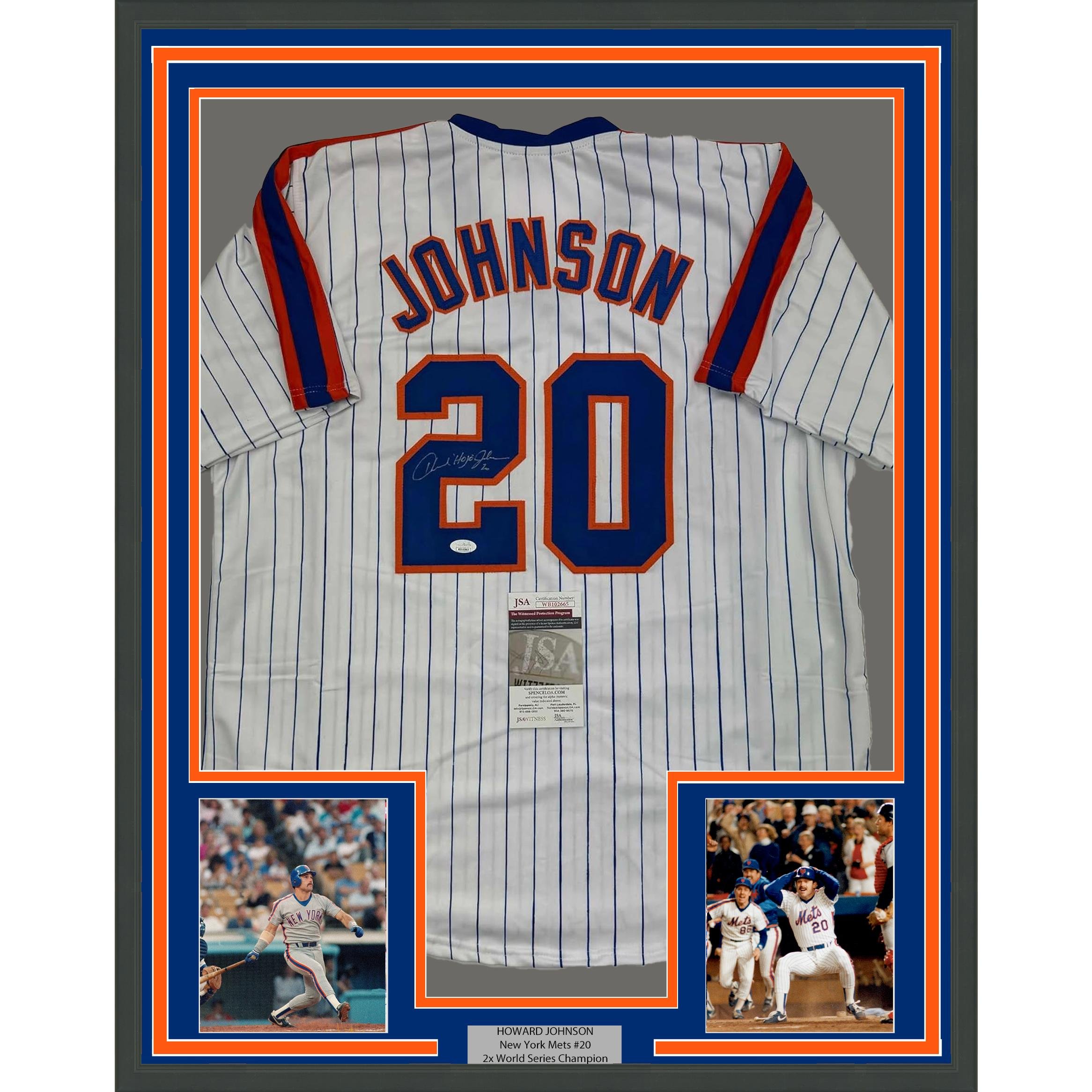 Framed Autographed/Signed Howard Johnson HOJO 35x39 New York Pinstripe Jersey J