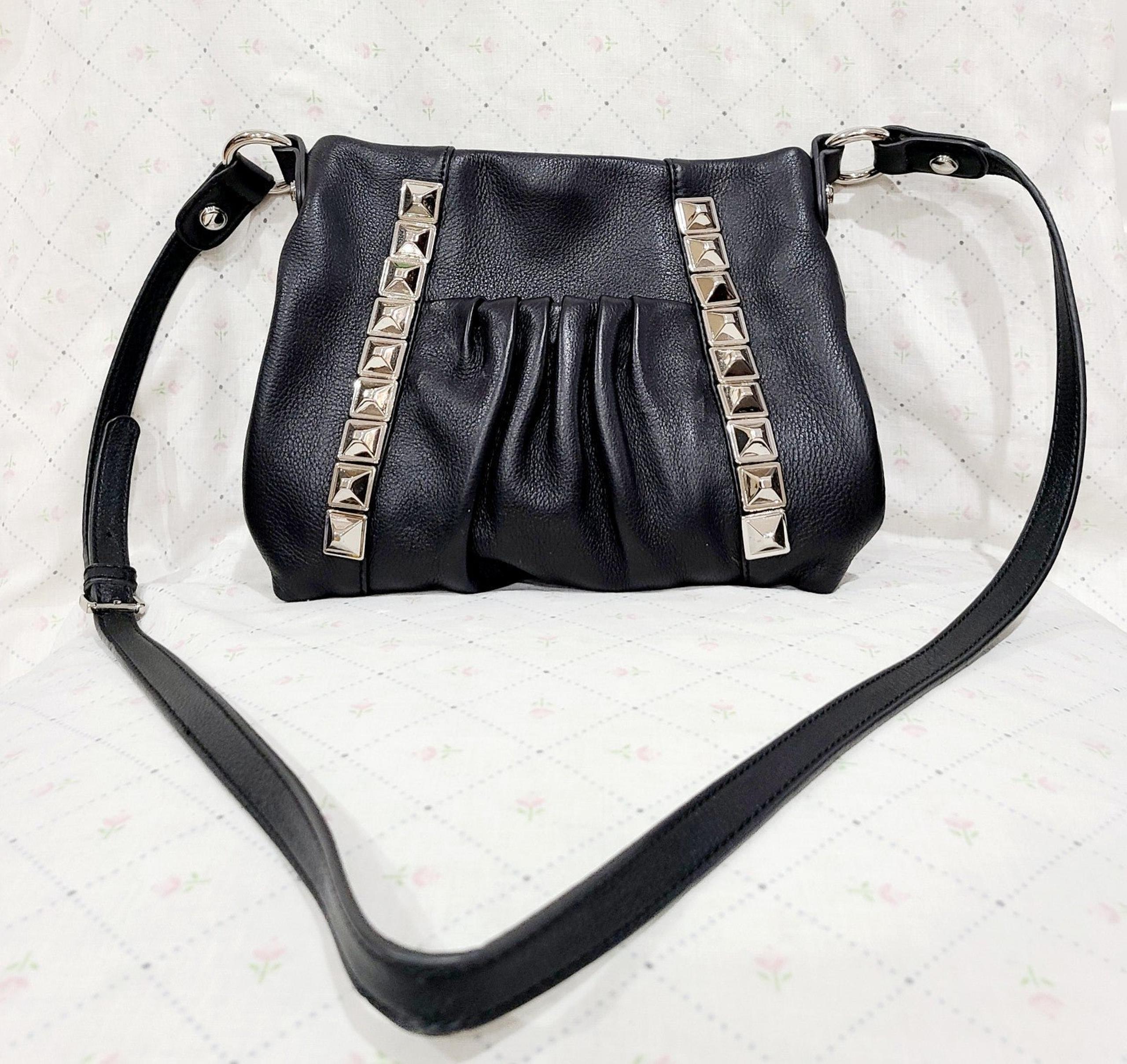 B Makowsky Black Leather Silver studded Crossbody handbag purse