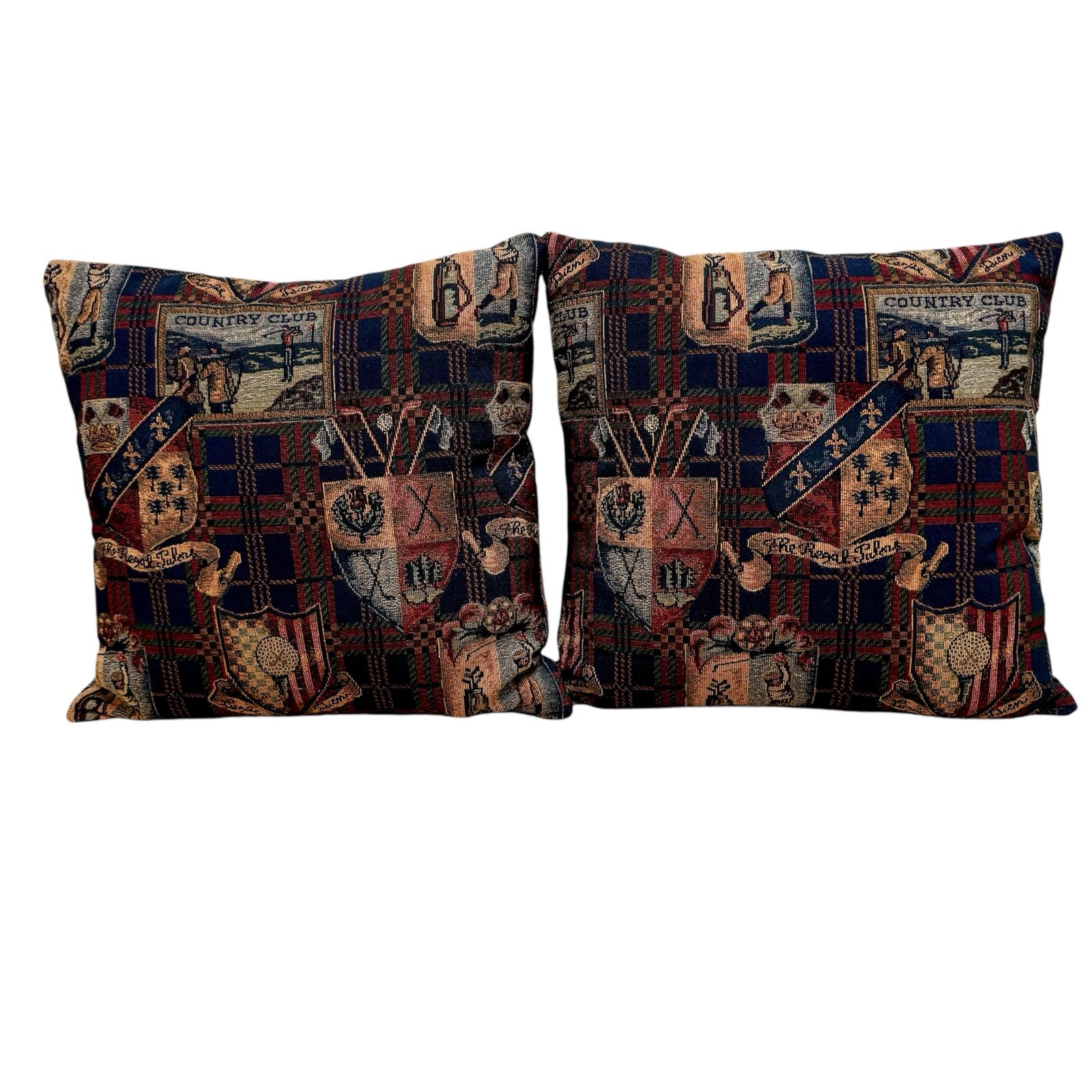 Vintage Country Club Golf Jacquard Woven Tapestry Fabric Throw Pillows 16” x 14”