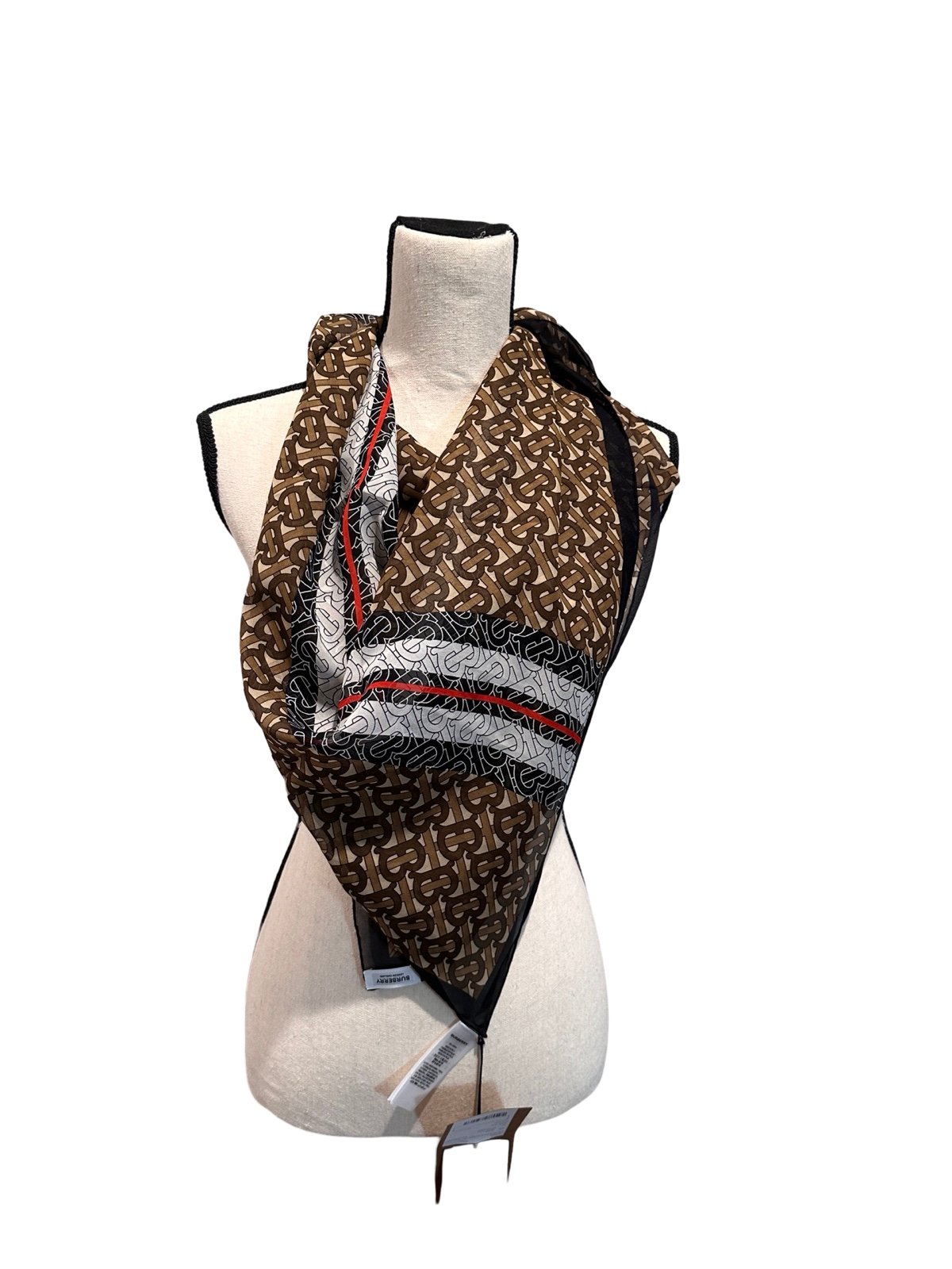 NEW Burberry TB Monogram Bridle Brown Silk Scarf