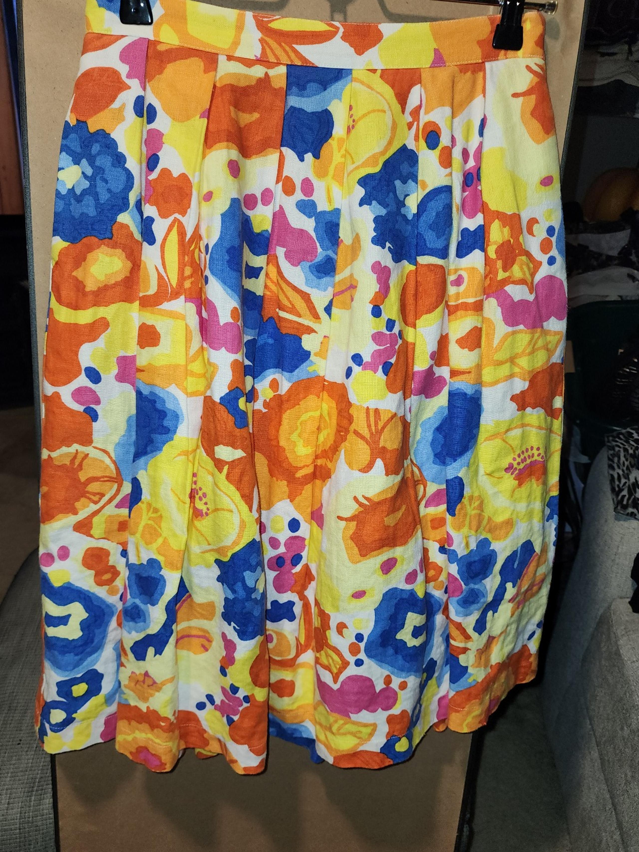 Liz Claiborne New York Pleated Floral Skirt Lined Knee Length Pockets 100% Linen