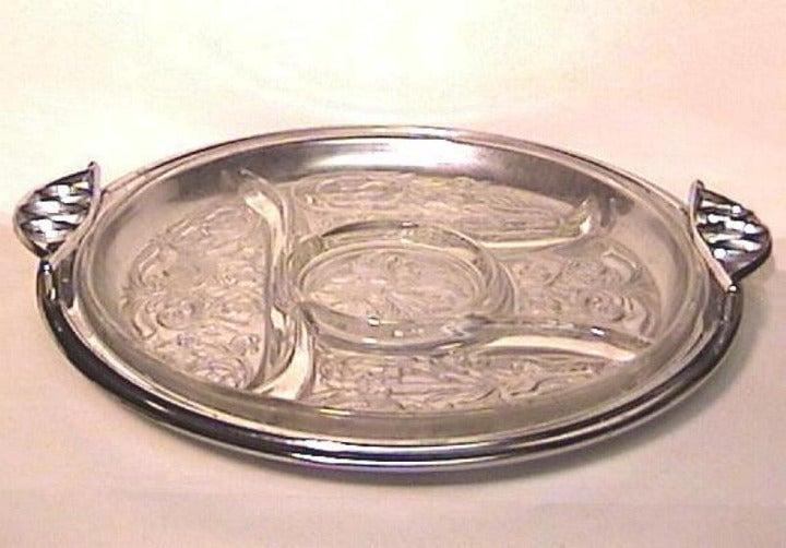 5-Part Glass Rock Crystal Serving Dish with Stainless Steel Tray