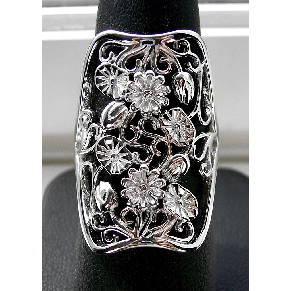 Size 8, 925 STERLING SILVER Flowers High Polished Statement Ring