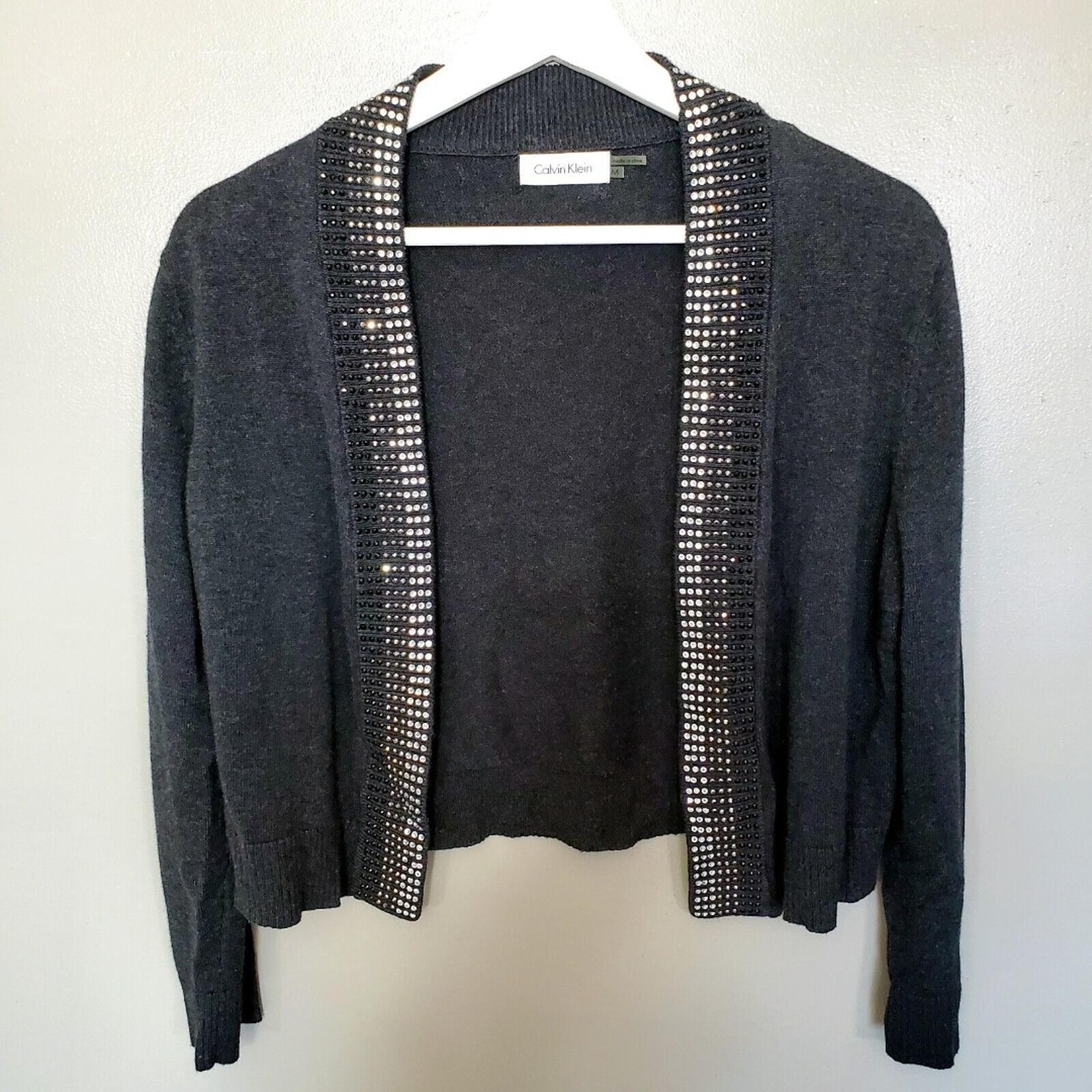 Calvin Klein Cardigan Womens Size Medium Rhinestone Cropped Charcoal Gray Shrug