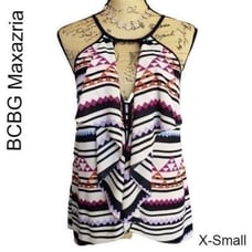 BCBGMaxazria Women's Halter Sexy Keyhole Open Front Ruffle Graphic Print Top XS