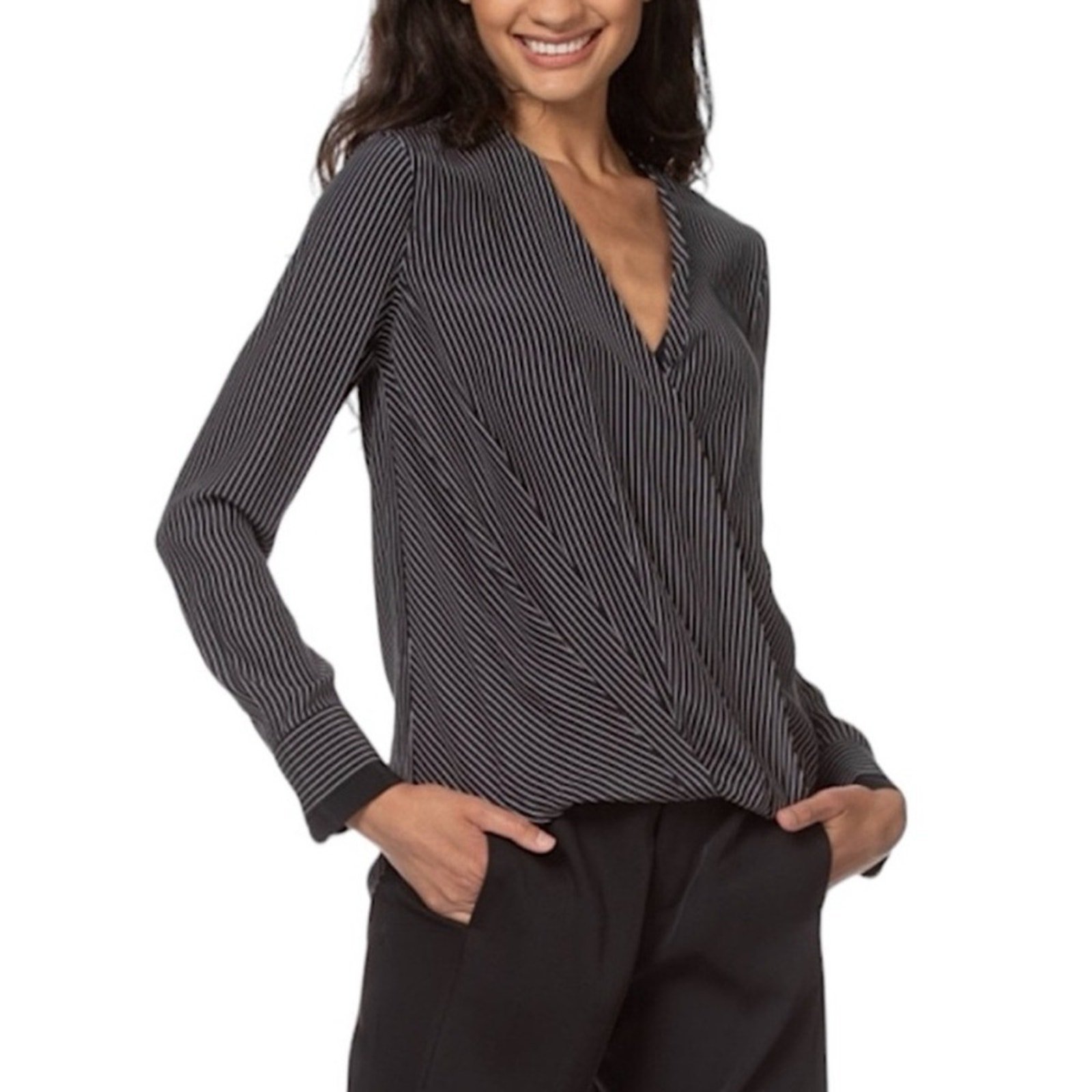 Rag & Bone Victor 100% Silk Black & White Striped Crossover Blouse Sz S