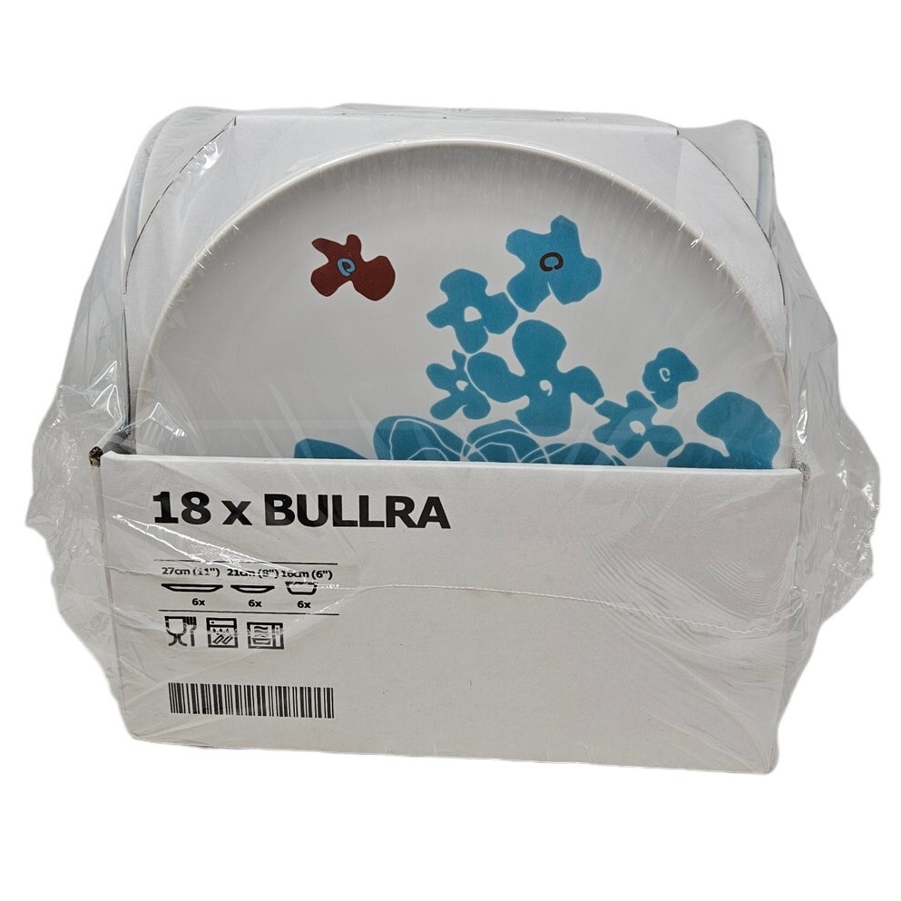 NEW Ikea Bullra 18 Piece Ceramic Dish Set Blue Floral Discontinued Swedish