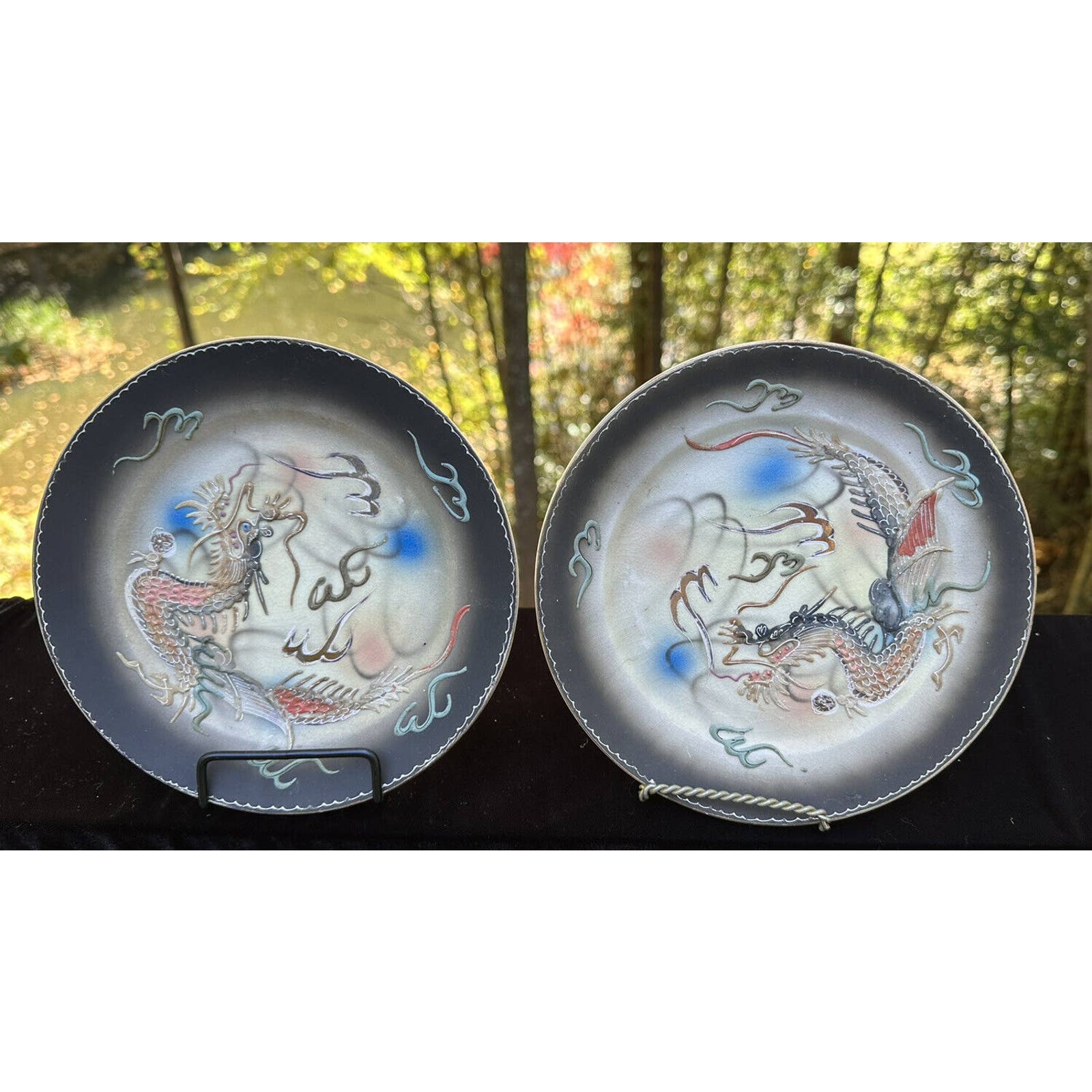 2 Vintage Japanese Moriage Style Dragon Ware Plates Hand Painted Japan -S61
