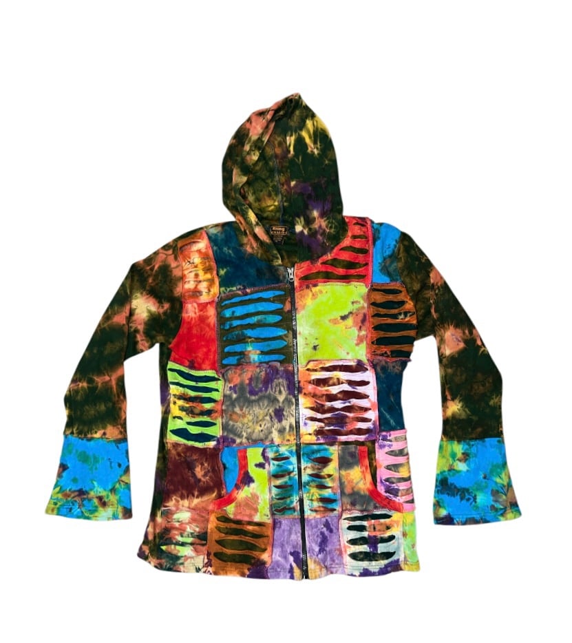 Rising International Patchwork Women's Hoodie Size XL Zip Patchwork Tye Dye