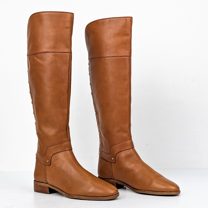 Franco Sarto Women Roxanna Light Brown Leather Riding Studded Tall Boots sz 6.5