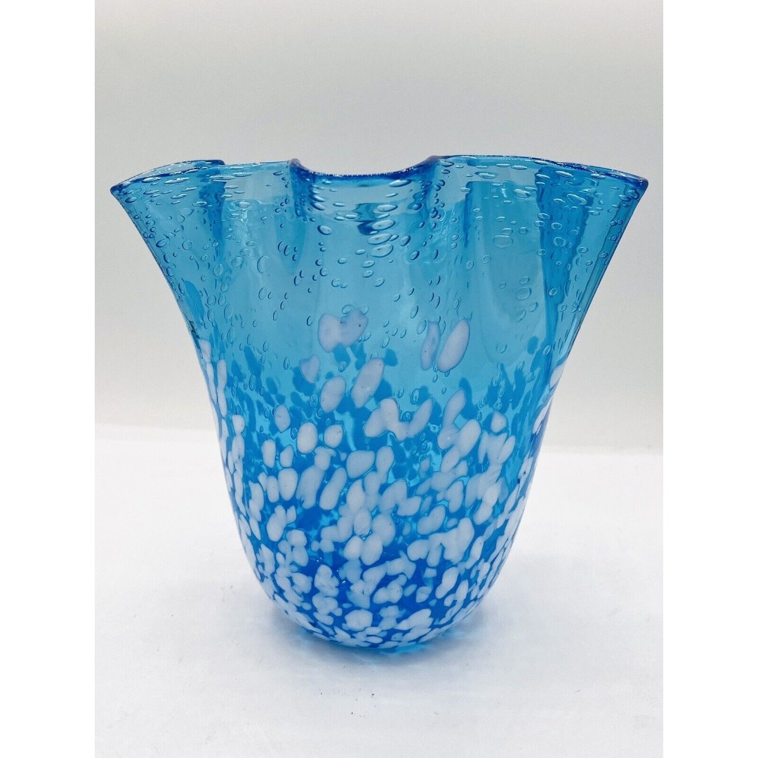 Ruffled Vase Handkerchief Style Hand Blown Glass Blue & White W/ Bubbles 7” Nice