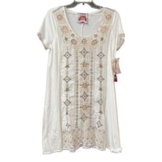 JOHNNY WAS EMBROIDERED Lane Woven Panel TUNIC TOP PULLOVER S White