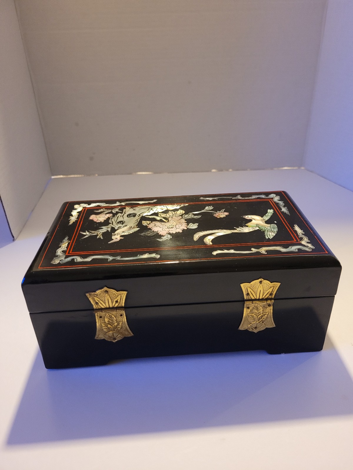 Asian Black Lacquer Jewelry Box Wood Carved Hand Etched Two tones art Red flower
