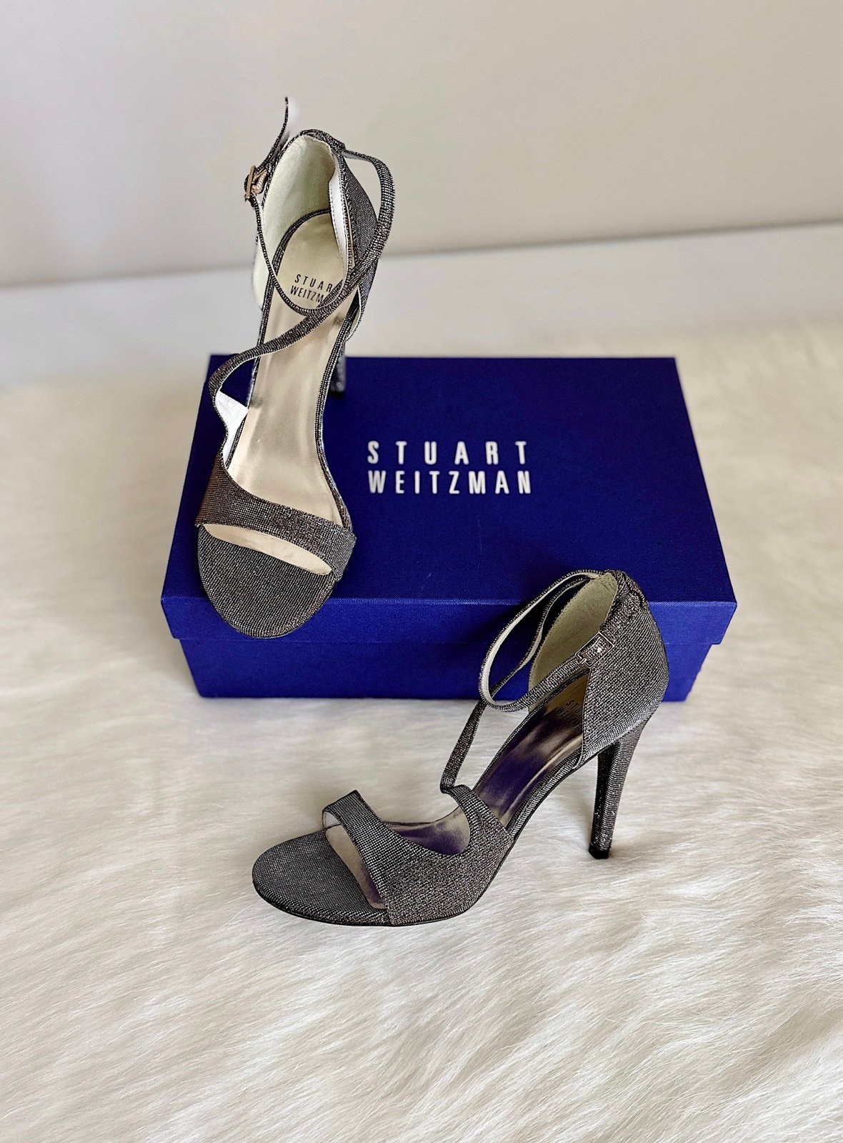 ✨STUART WEITZMAN Vixen Glitter Metallic Woven Strappy Sandals Pyrite Size 6.5
