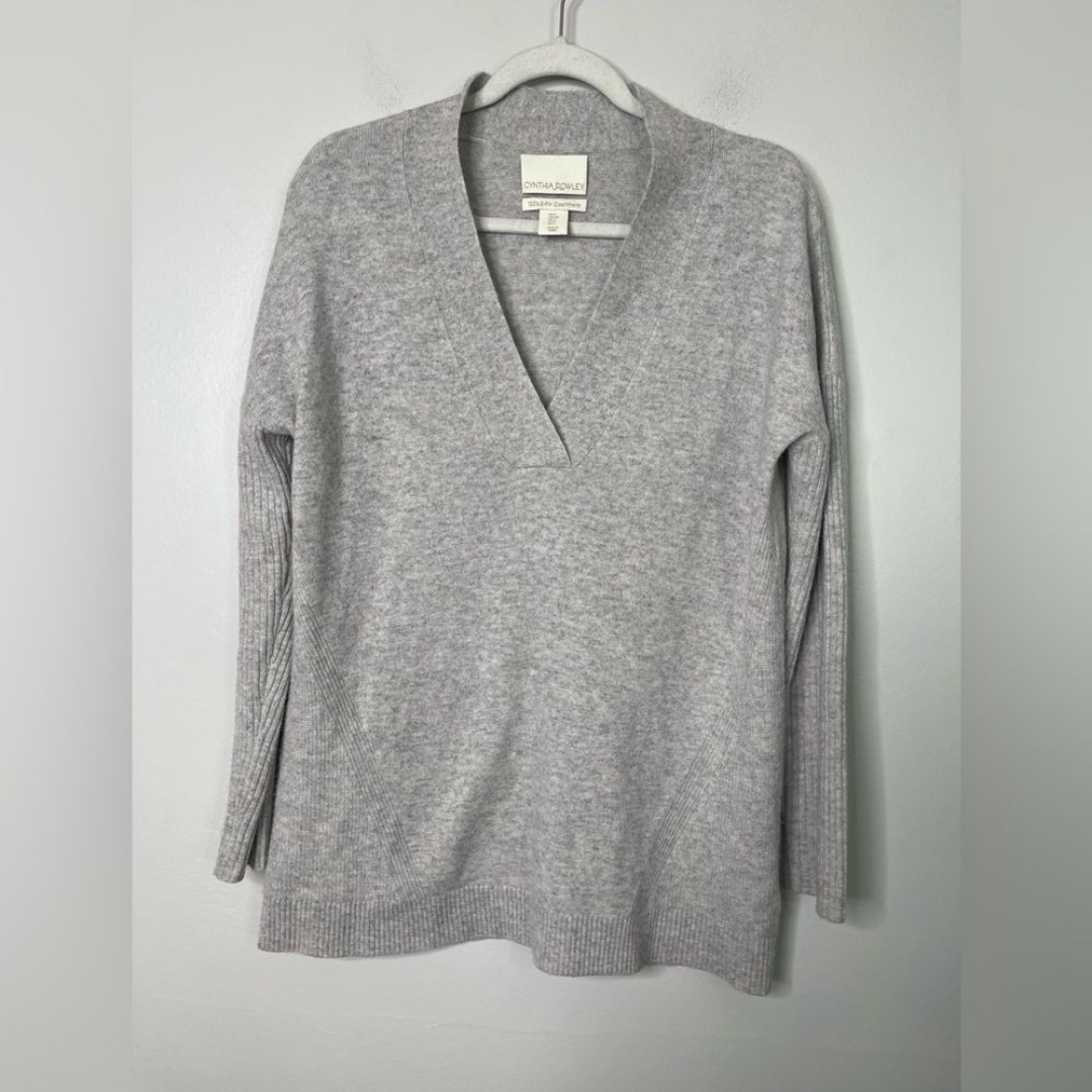 Cynthia Rowley Gray S Surplice Collar Sweater Long Tunic 2-ply 100% Cashmere