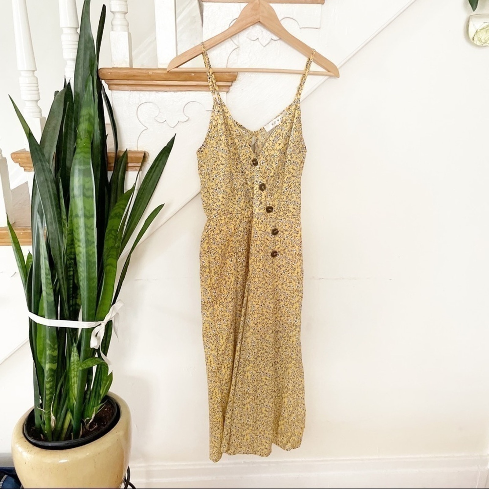 ROW.A Yellow Floral Print Spaghetti Strap Asymmetric Button Jumpsuit Size S
