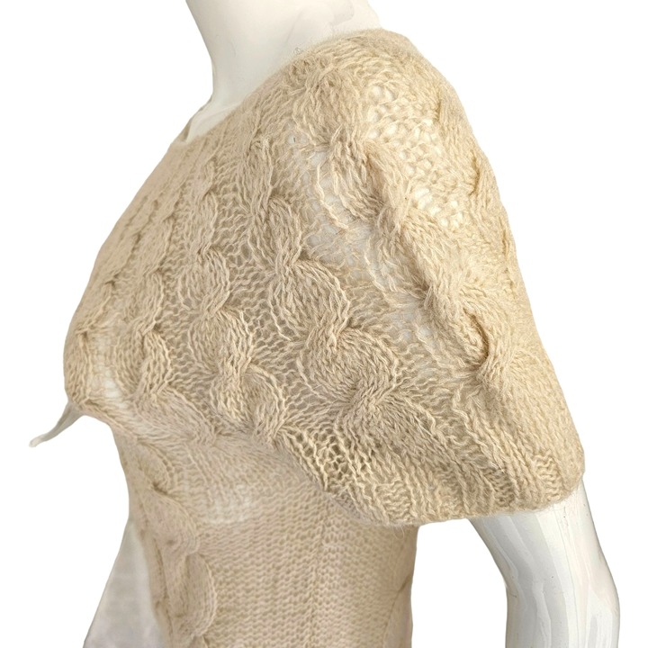 Kensie Cable Knit Tunic Sweater Off White Pullover Short Slv Nylon Mohair Medium