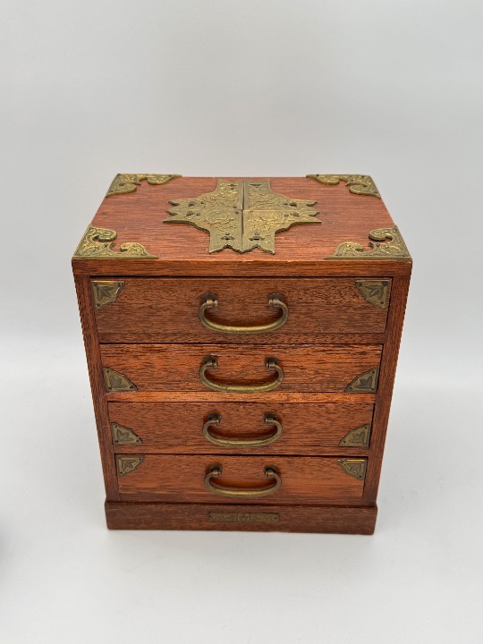 Vintage Japanese Campaign Style Wood Jewelry Chest Brass Pulls 9.5 x8.5 x6.5