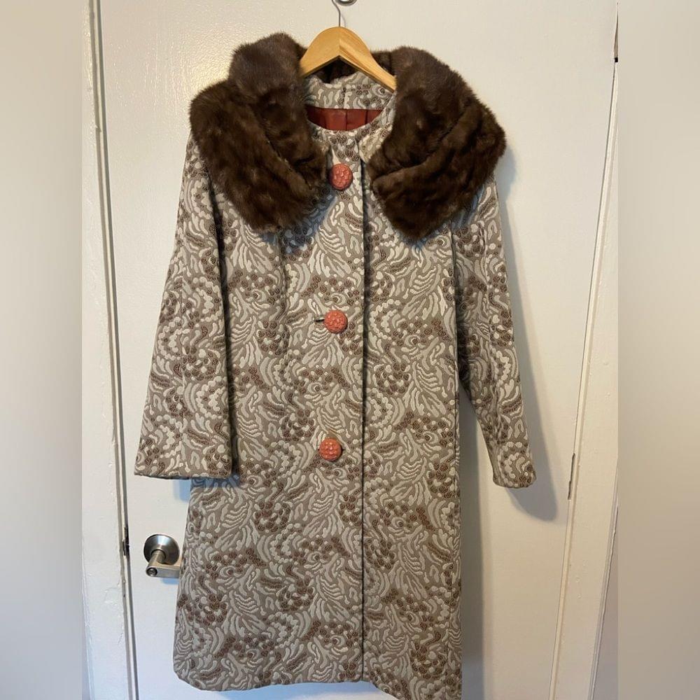 Vintage 1960’s Golet A‎ Original Fur Collared Long Pea Embroidered Maxi Coat