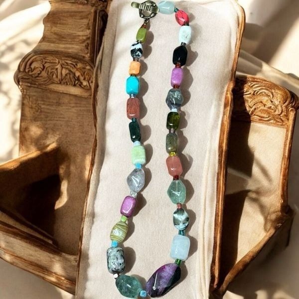 OOAK Multi Colored Genuine Semi Precious Polished Gemstone Necklace Stones