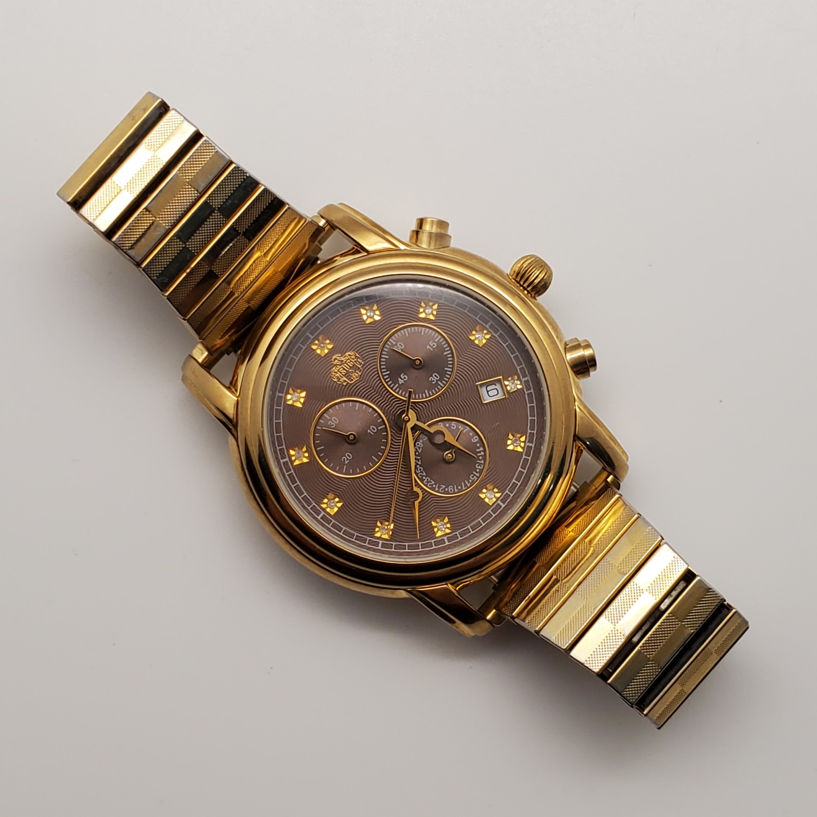 SUG CELESTIAL SWISS PARTS MOV'T CHRONOGRAPH QUARTZ GOLD TONE WATCH NEW BATTERY