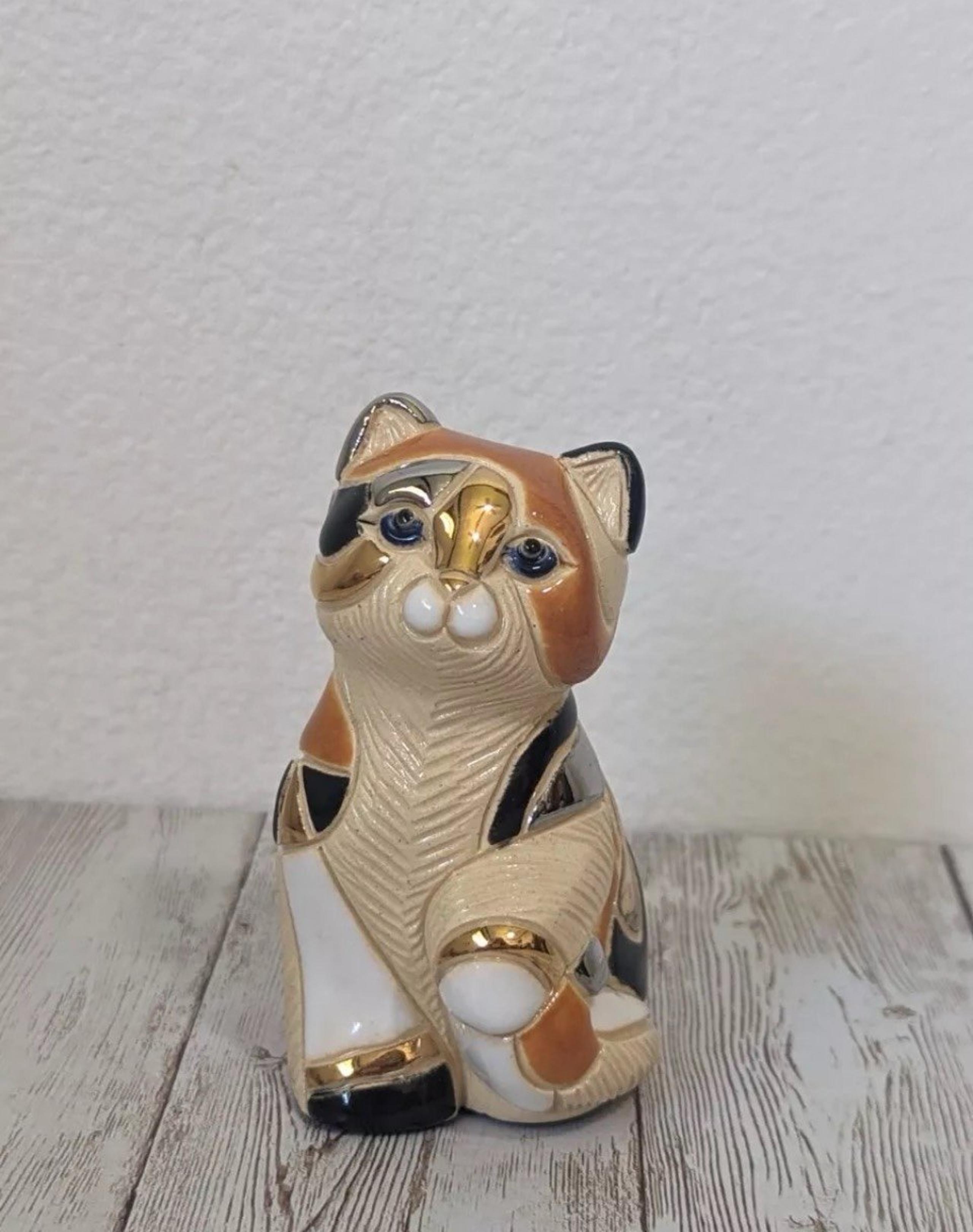 De Rosa Rinconada Calico Cat Pottery Figurine Gold Accent