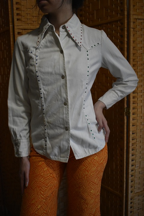 Vintage Calemr 1960 White Jean Jacket with the Paris Eiffel Tower in Rhinestones