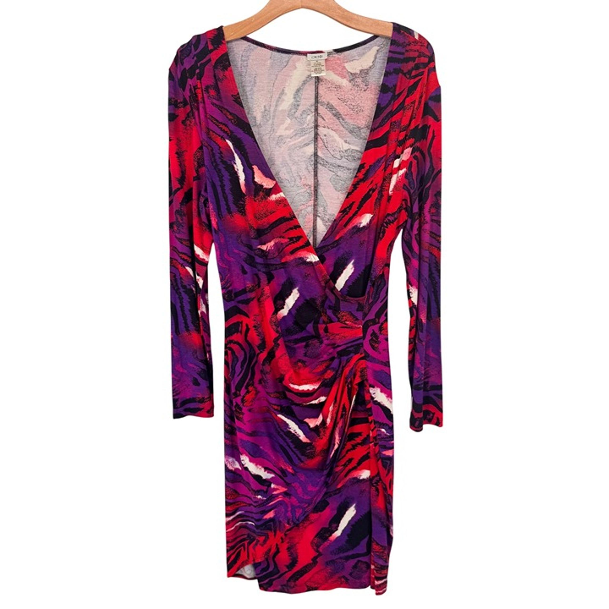 CACHE Womens Purple Red Abstract Print Long Sleeve Wrap Dress Size XL knit