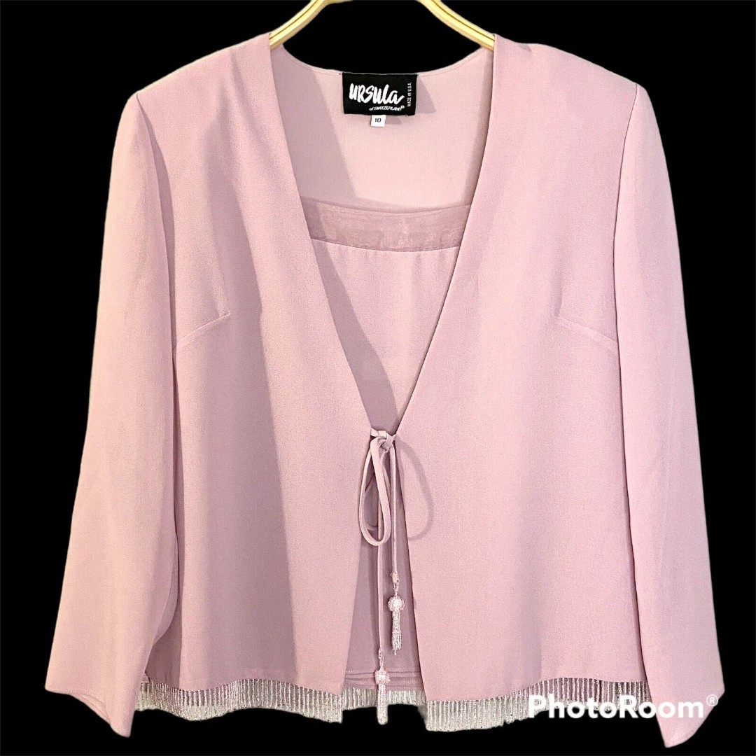 Vintage Ursula Of Switzerland sz. 10 Pink Beaded Chiffon Jacket & Tank