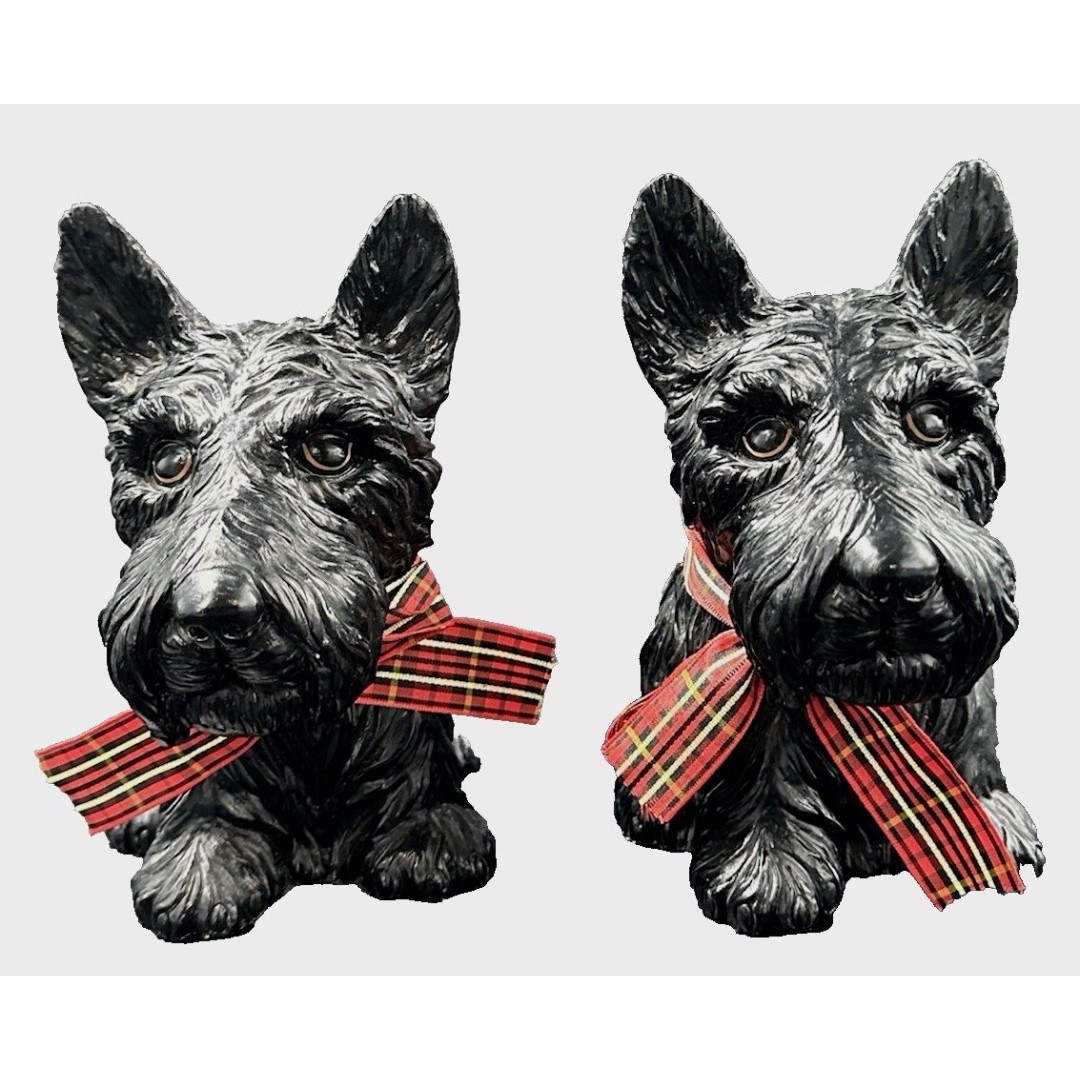 Vintage Twos Company Black Scottie Terrier Bookends with Plaid Ribbons Set of 2