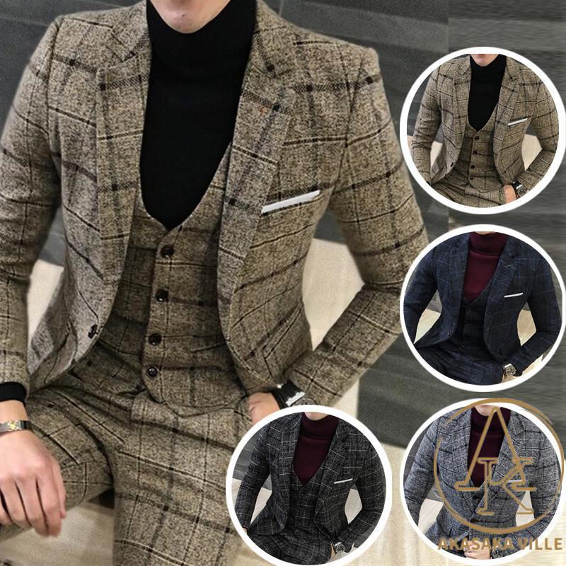 Men's 3-Piece Suit, Checked Pattern, Three-Piece Suit, 3-Piece Set