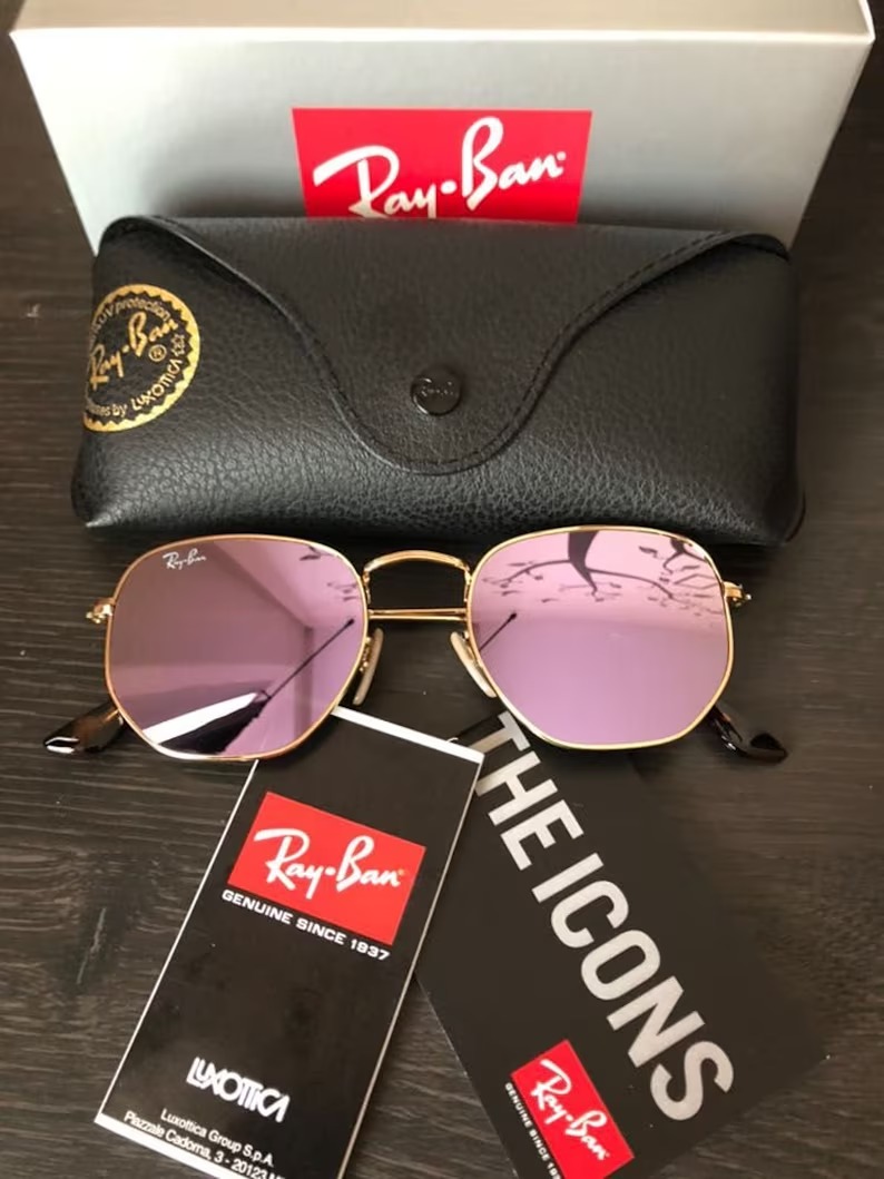 Ray-Ban Hexagonal Sunglasses RB3548 Gold Color Frame & Lilac Mirror Lens