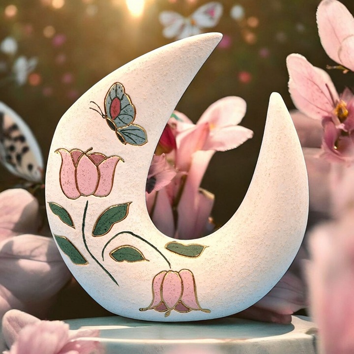Curved Crescent Moon Vase Handpainted With Butterfly & Tulips Floral Design