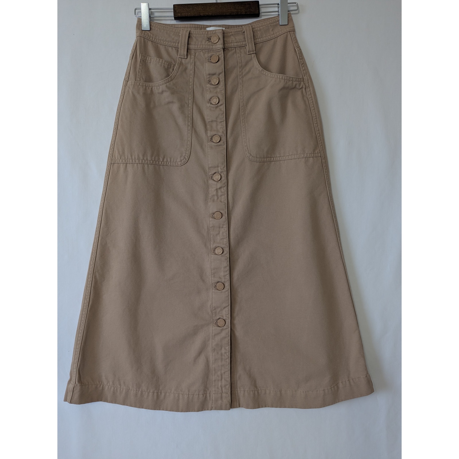 Aritzia Sunday Best Cynthia Skirt Midi Tan Organic Cotton Button Front Size 0