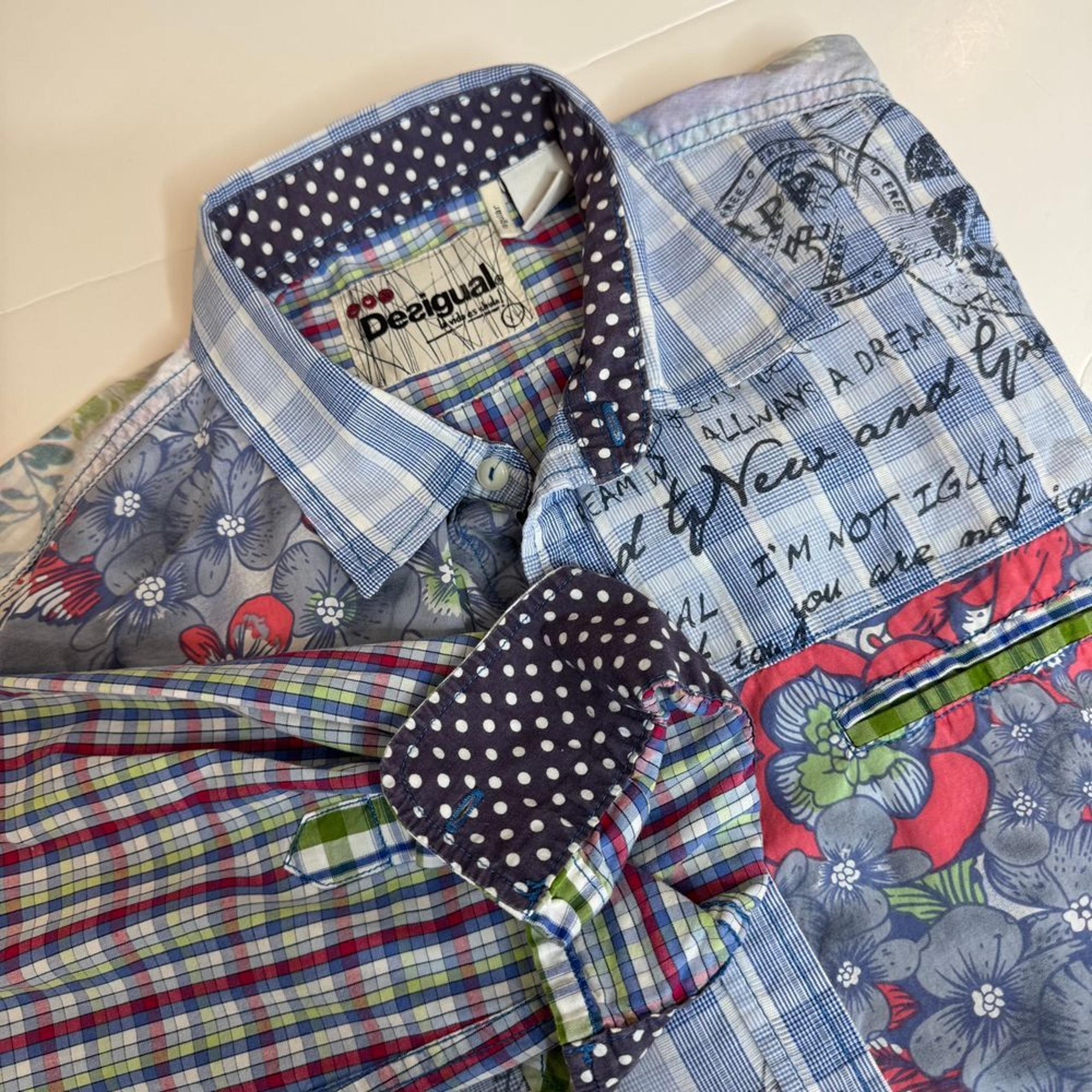 DESIGUAL Mens Patchwork Button Up Shirt XL Blues Flip Cuff La Vida es Chula