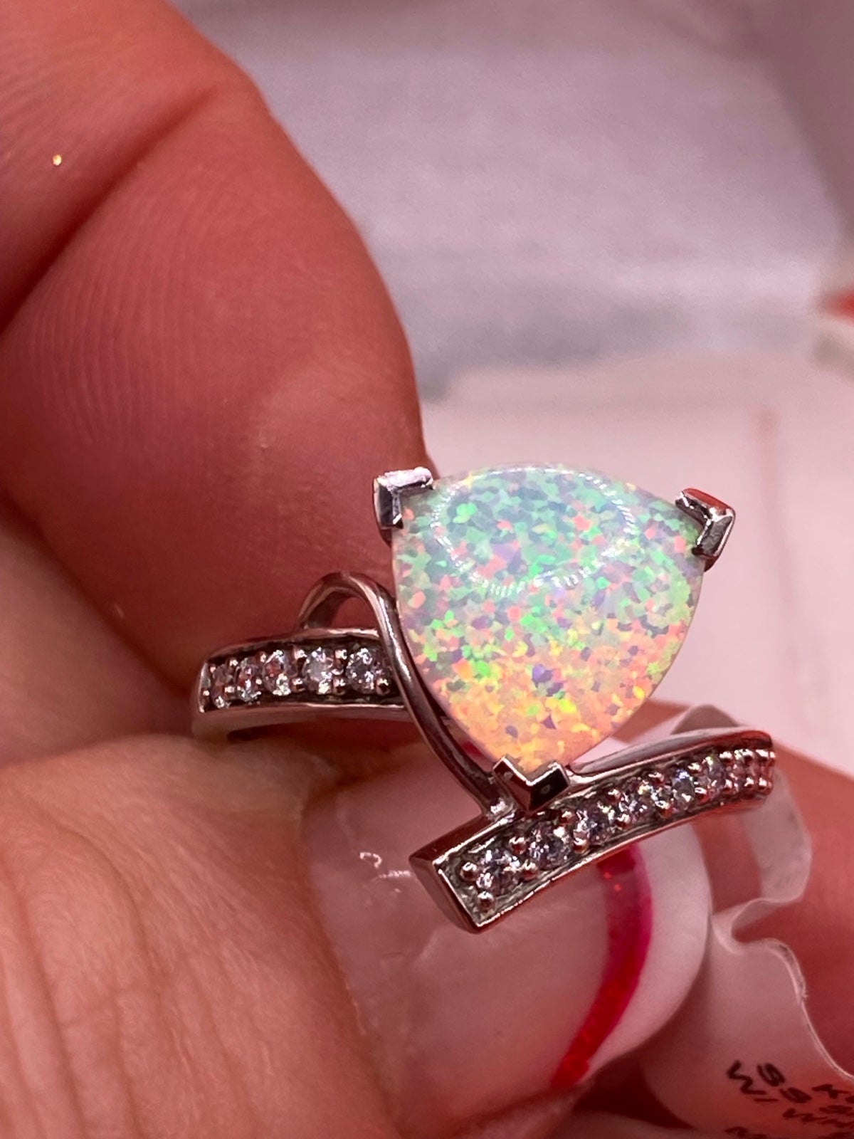 Simulated Opal and CZ Sterling Ring NIB
