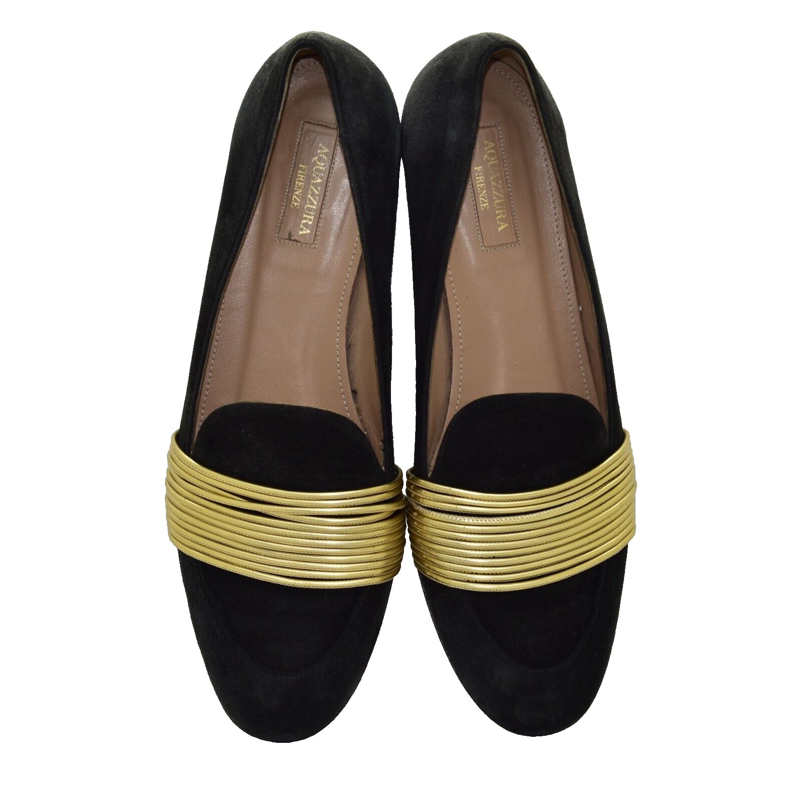 B4 Auth AQUAZZURA Rendez Vous Black Suede Gold Leather Straps Flat Shoes Size 39