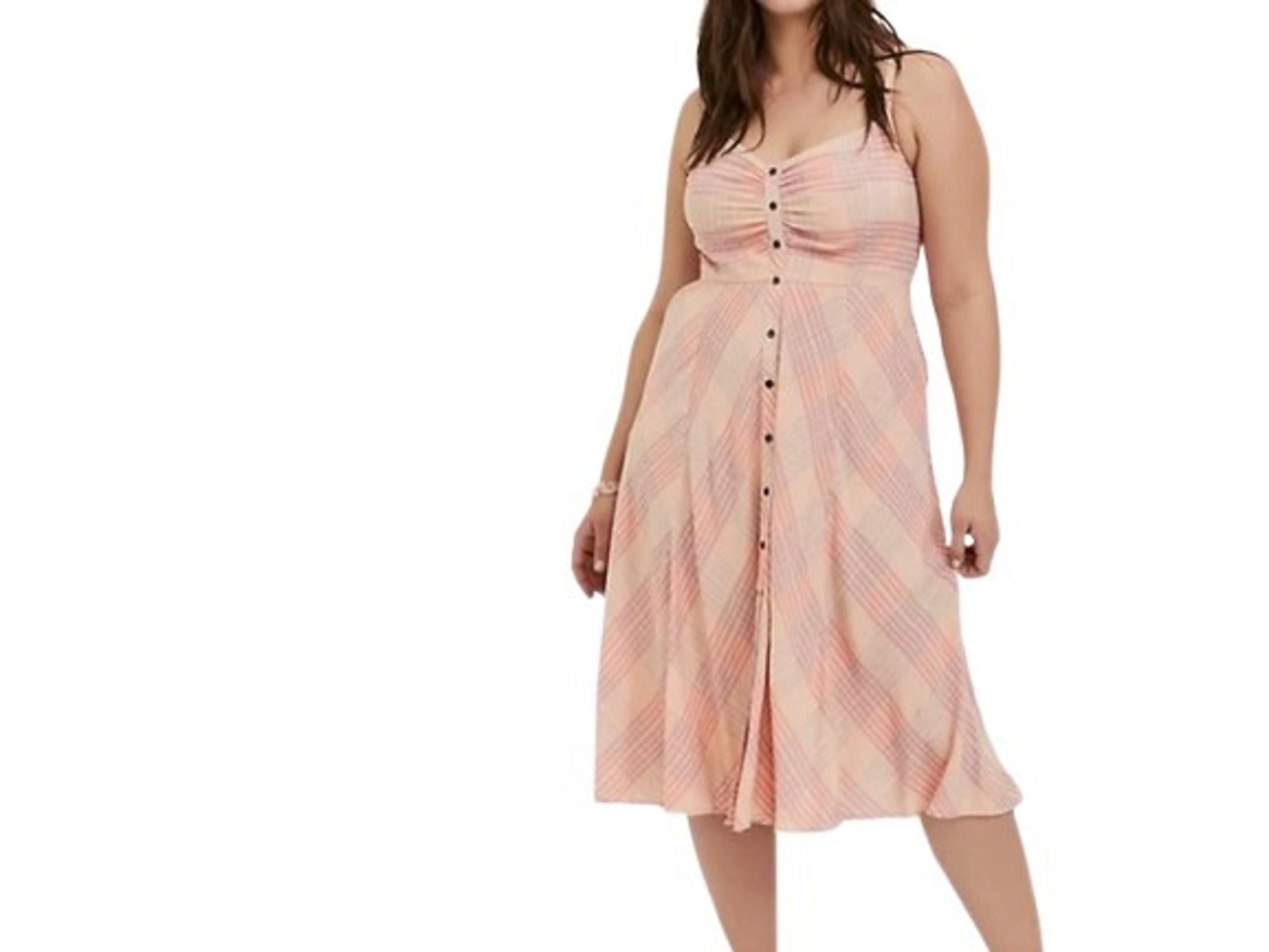 Torrid Womens Button Front Midi Dress Peach Pink Plaid Smocked Pockets Plus 3X