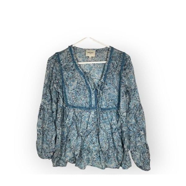 HAUTE HIPPIE TRIBE Avery Blue Paisley Top Peasant Cottagecore Boho Blouse XXS