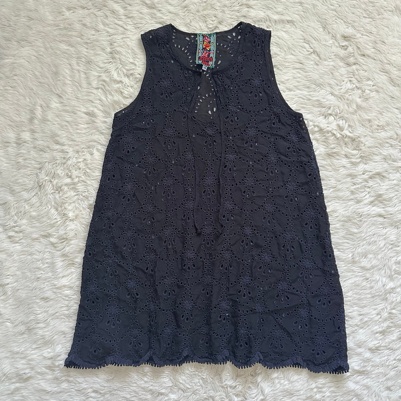 Johnny Was Top Eyelet Sleeveless Tunic Sheer See-Through Scalloped Hem Black XS
