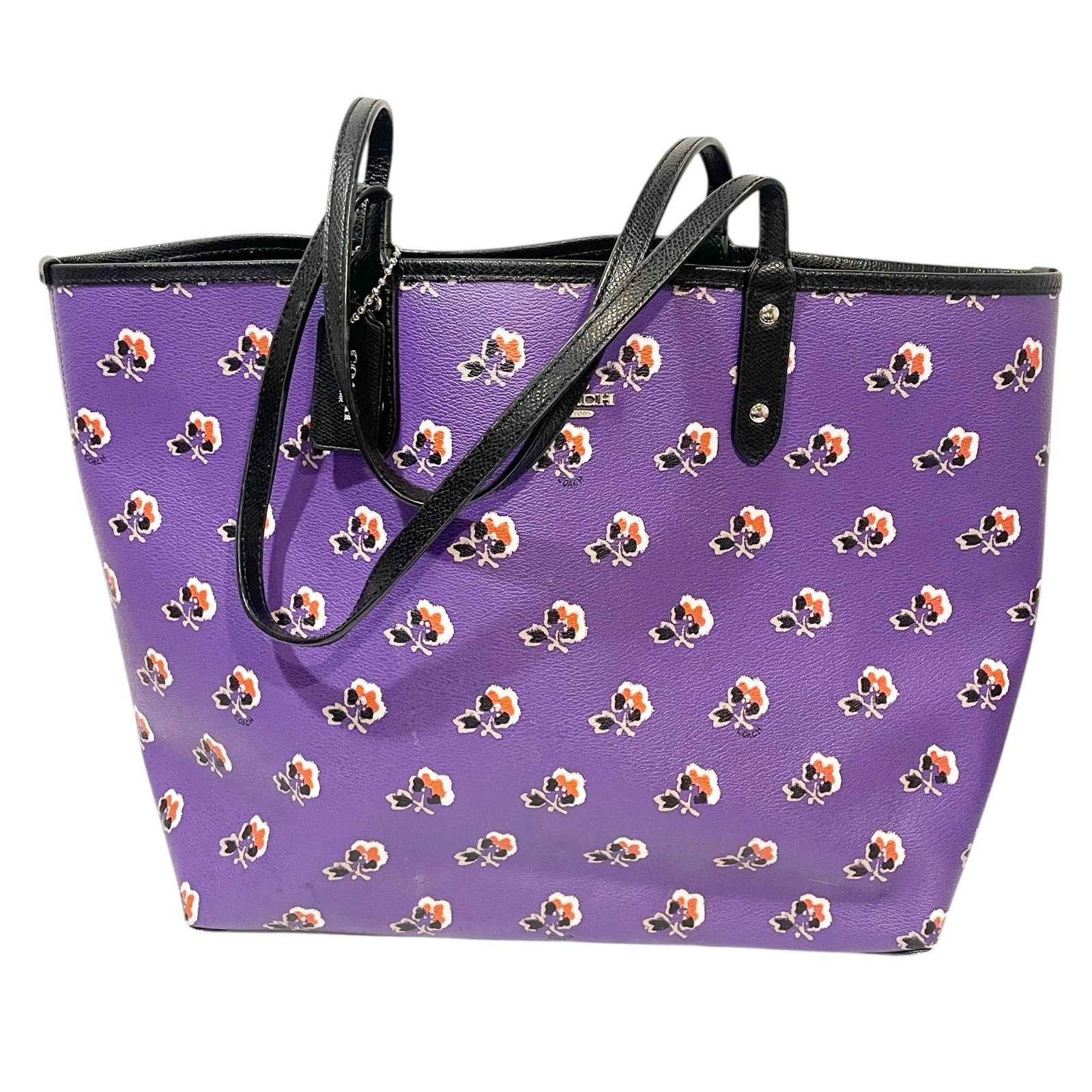 Coach Reversible City Tote Black/Purple Flowers Coated Canvas F55688 Large Bag