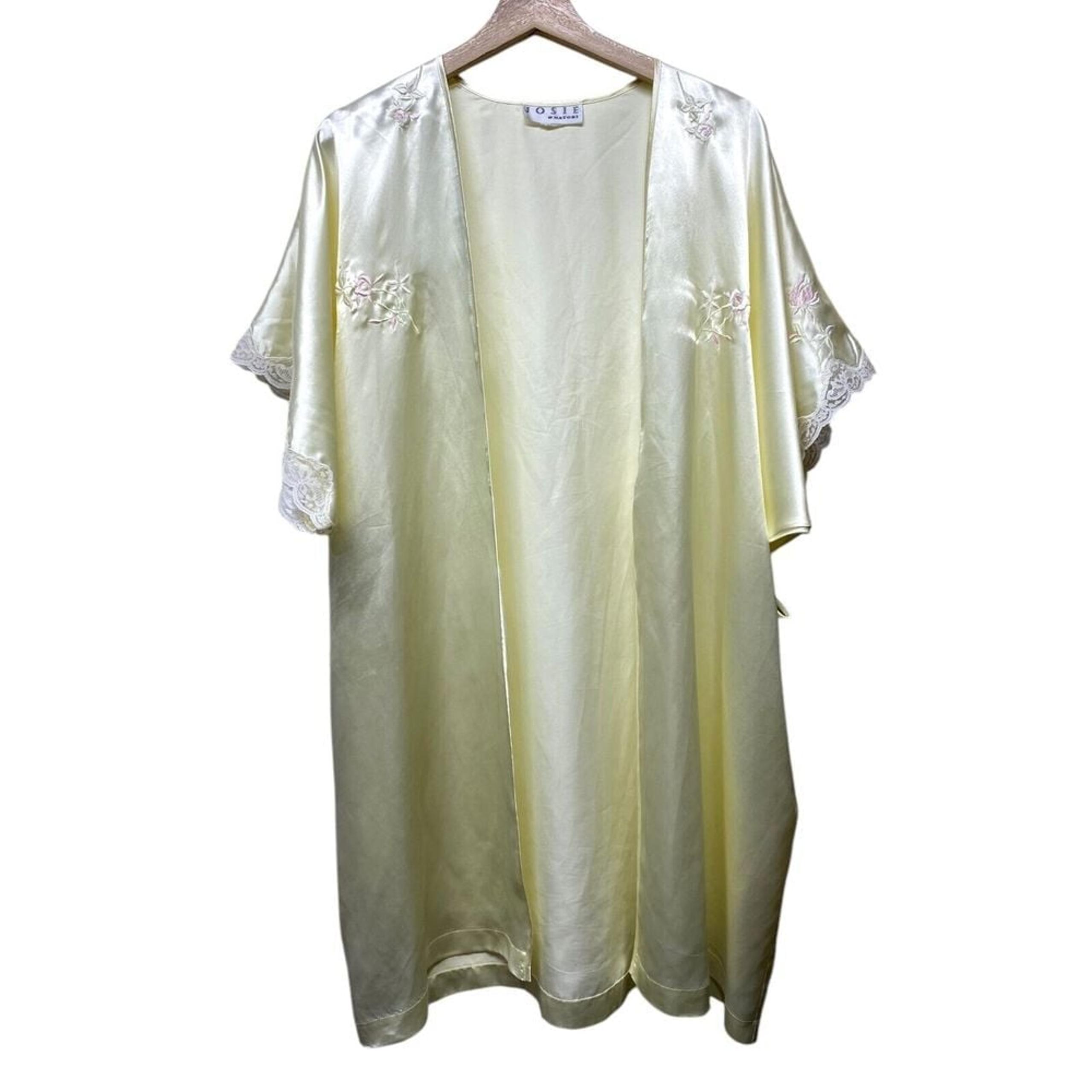 Vtg Josie Natori Robe Ivory Satin Lace Trim Floral Embroidered One Size Bride