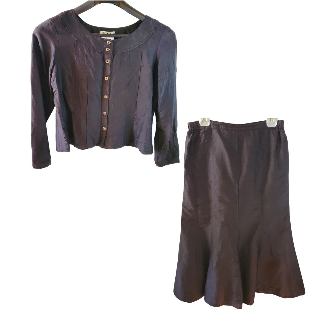 VTG Flax Skirt & Shirt Set 100% Fine Silk Washable Women's Small Refined Luxury