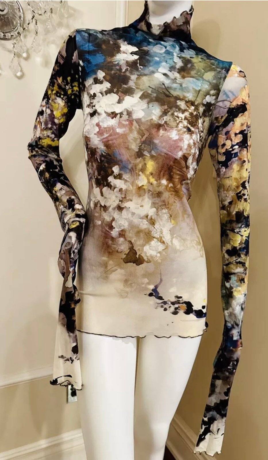 cut loose clothing Berlin Mood Painting Print Mesh Long Sleeve Turtleneck Size L