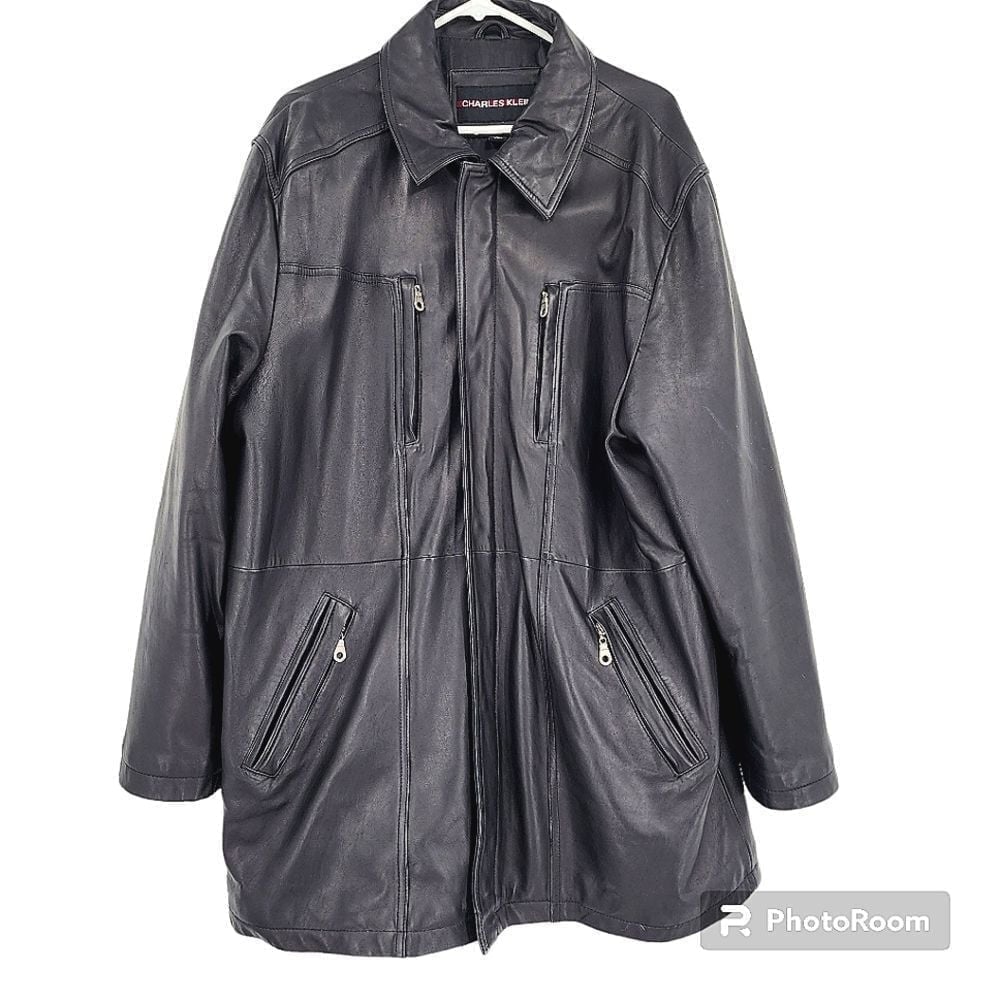 Charles Klien Mens Mid Lenght Black Leather Jacket Size XL
